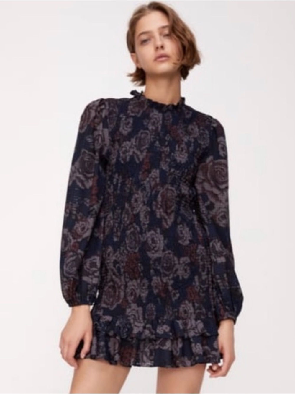 Zara Navy Floral Long-Sleeve Ruffle Mini Dress